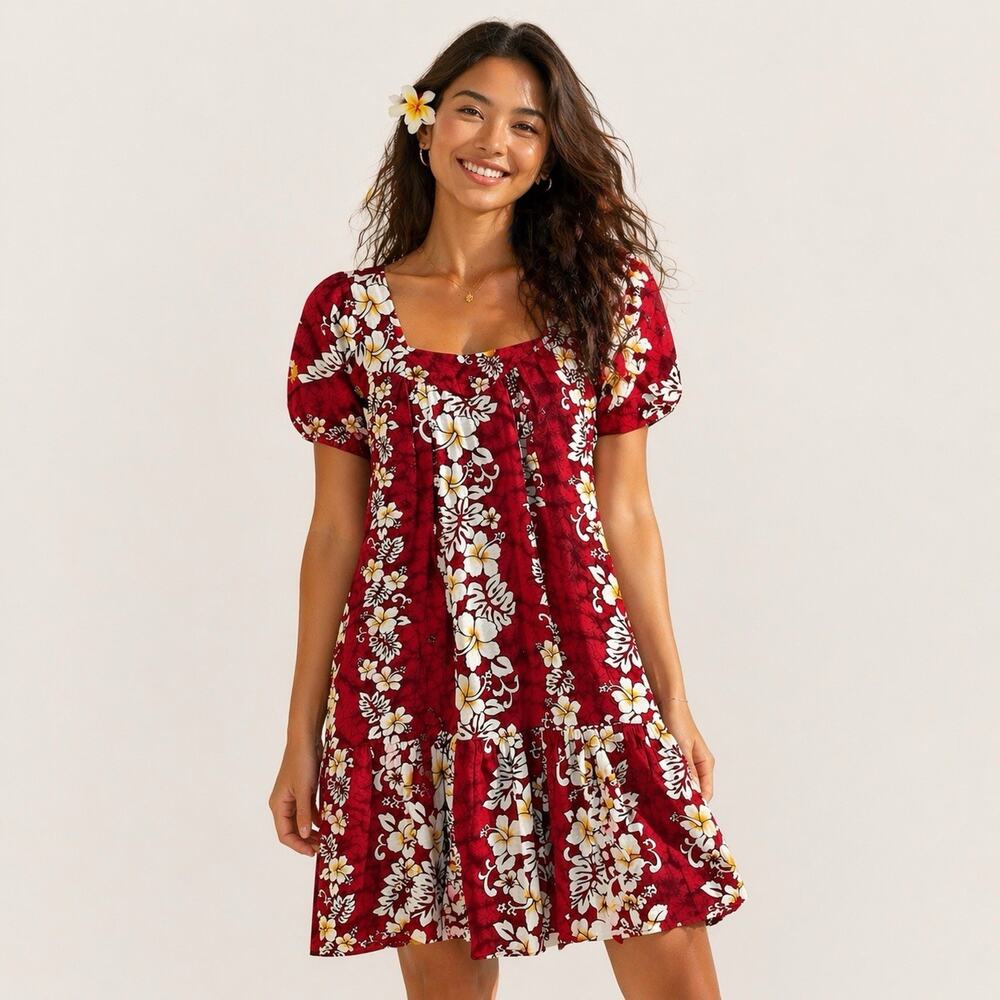 Vintage Hawaiian Togs Muumuu Dress Small Midi Red White Hibiscus Cotton Tropical